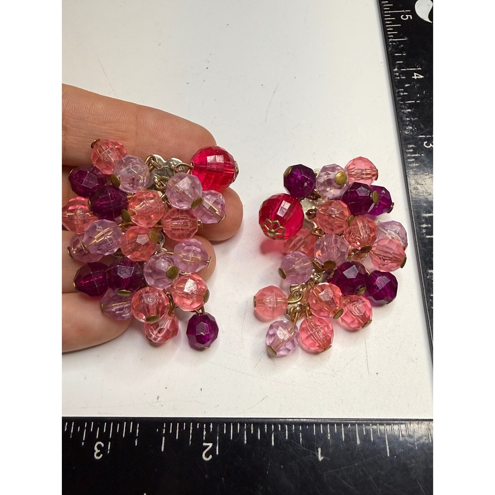 Judy Lee Vintage Pink Purple Faceted Bead Cluster Clip On Earrings Signed